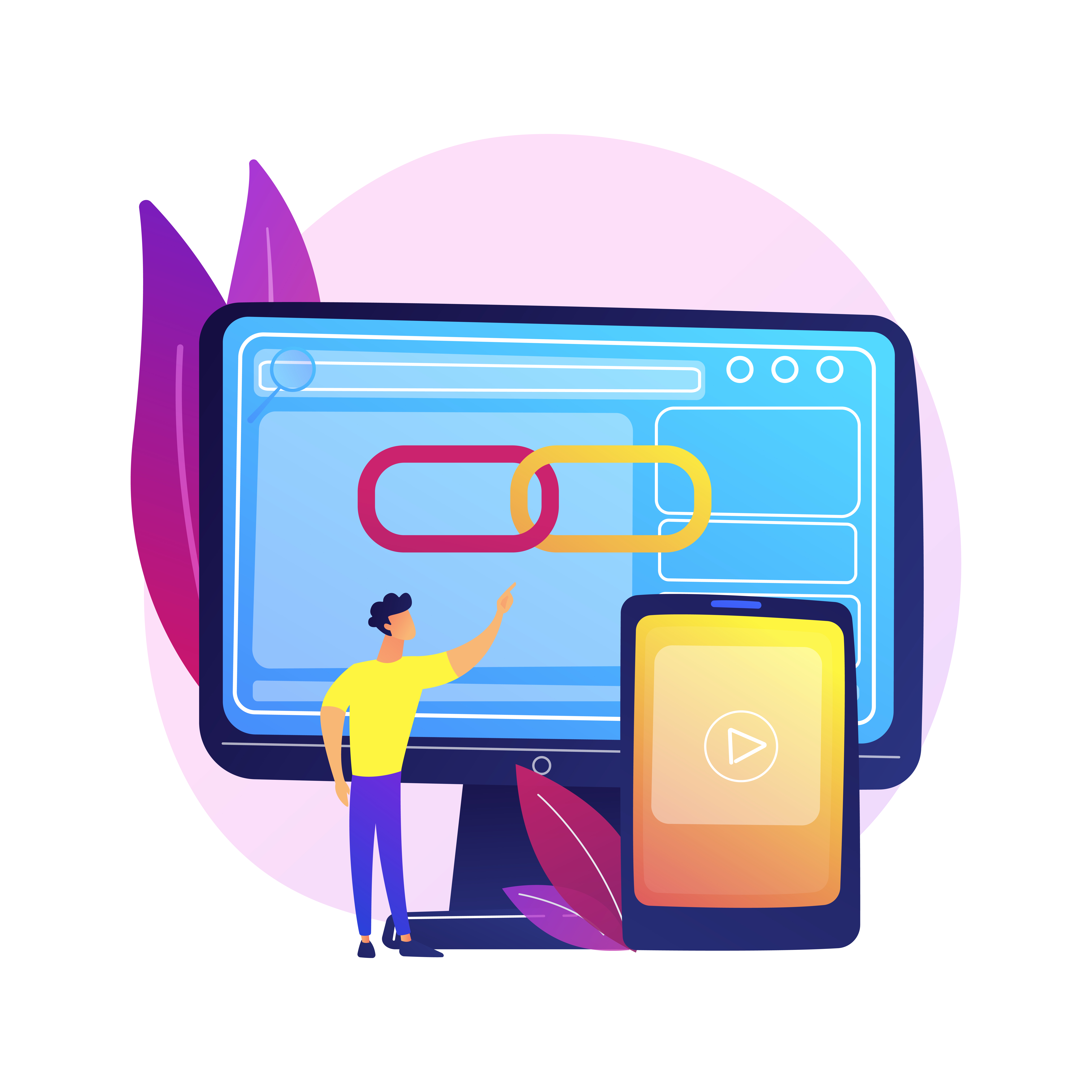 Media player, software, computer application. Geolocation app, location determination function. Male implementor, programmer cartoon character. Vector isolated concept metaphor illustration.